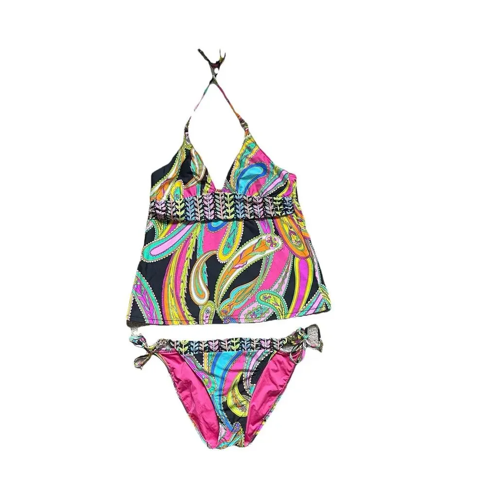 Trina Turk Tankini Sea Garden Paisley Black Multi String Bikini Bottom Sz 12 EUC - Picture 8 of 11